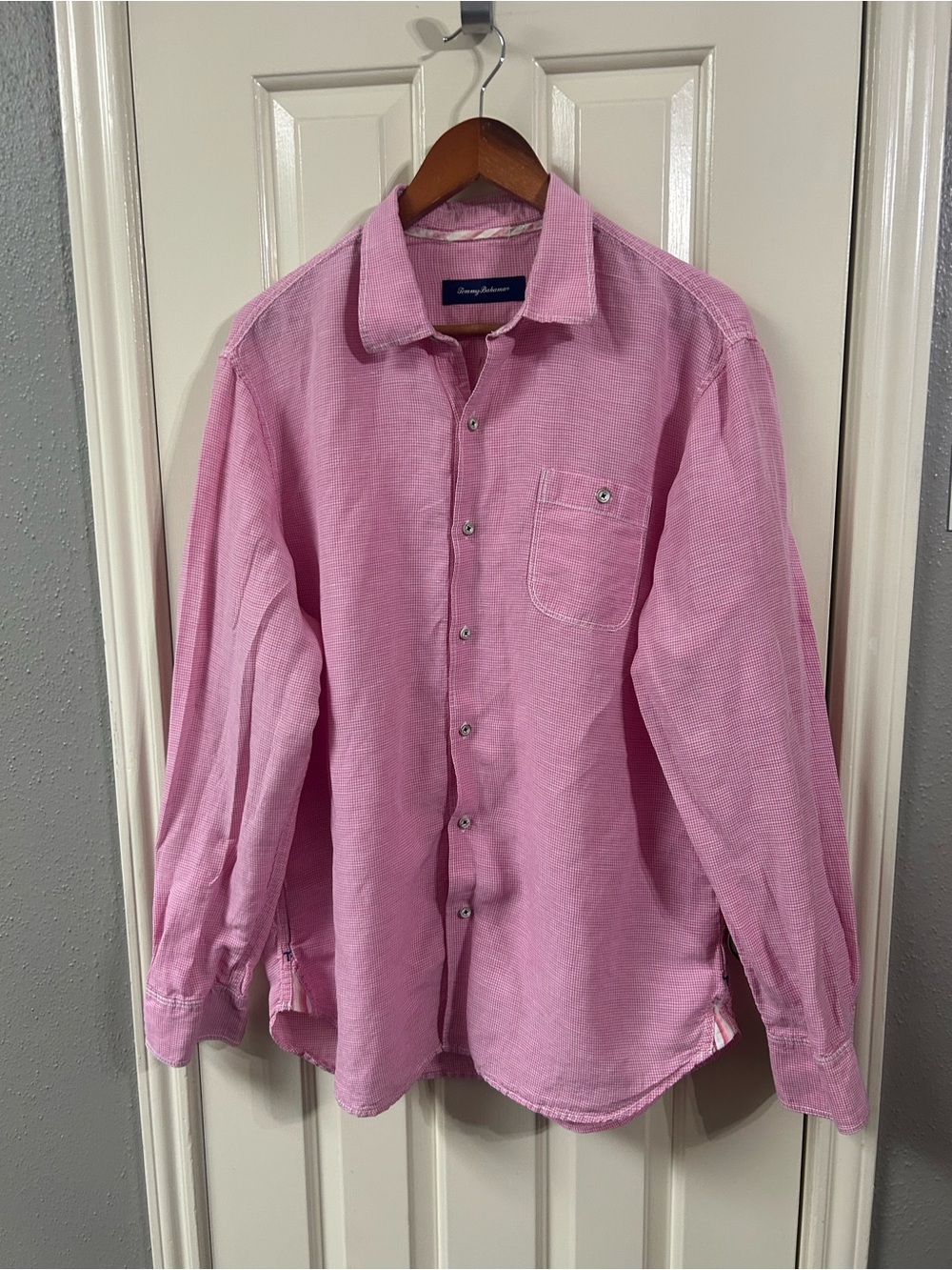 Tommy‎ Bahama Long Sleeve Button Shirt Linen Blend Mens Large Pink White Plaid